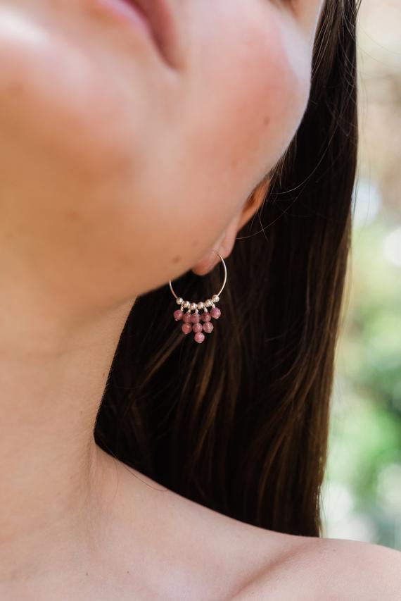 Pink Tourmaline Statement Hoop Earrings In Bronze, Silver, Gold Or Rose Gold. Bohemian Gemstone Beaded Thin Hoop Earrings. Gift For Her.