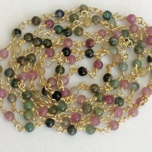 Shop Tourmaline Round Beads! 3mm Multi Tourmaline Plain Round Beads Connector Chains in 925 Silver Gold Polish Wire Wrapped Rosary Style Chain By Foot – KS3361 | Natural genuine round Tourmaline beads for beading and jewelry making.  #jewelry #beads #beadedjewelry #diyjewelry #jewelrymaking #beadstore #beading #affiliate #ad