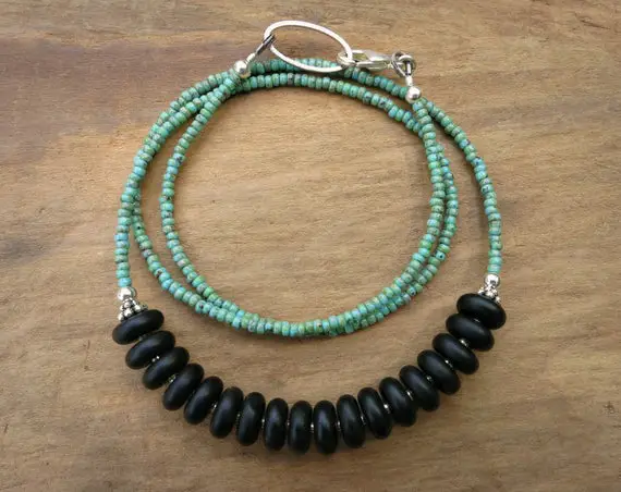Black And Turquoise Necklace, Rustic Western Style Black Stone Necklace With Turquoise Seed Beads And Silver Accents