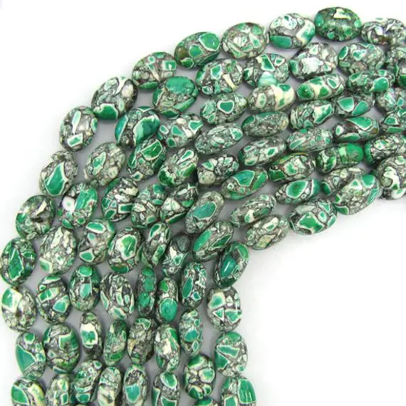 14mm Green Mosaic Flower Turquoise Flat Oval Beads 16" Strand 13334