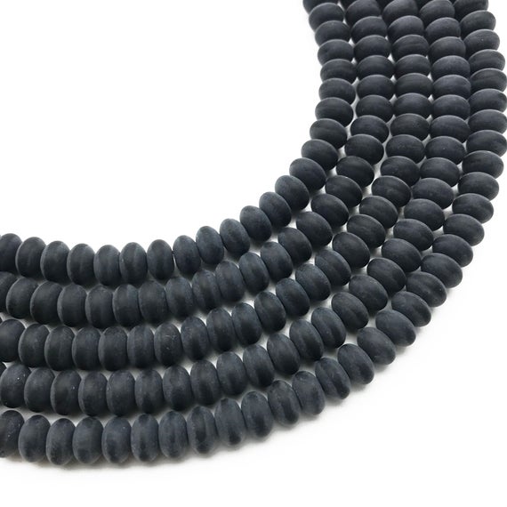 8x5mm Matte Black Onyx Rondelle Beads, Black Agate Beads, Round Gemstone Beads