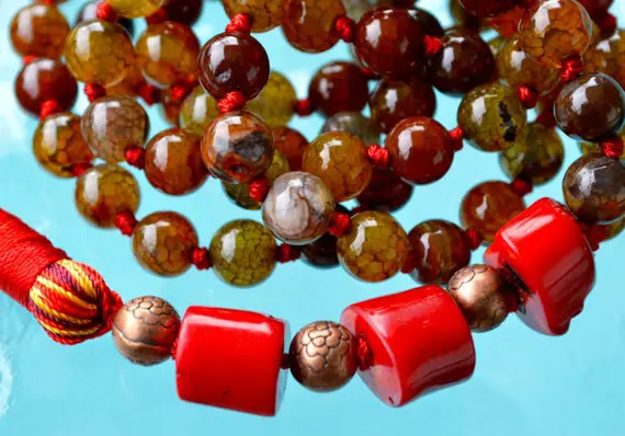 Natural Agate Dragon Vein Bamboo Red Coral 8mm 108 Hand Knotted Mala Beads Necklace - For Love, Protects Against Misfortune, Creativity