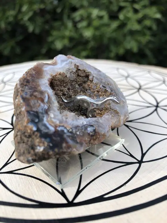 Agate Geode With Pewter Dinosaur