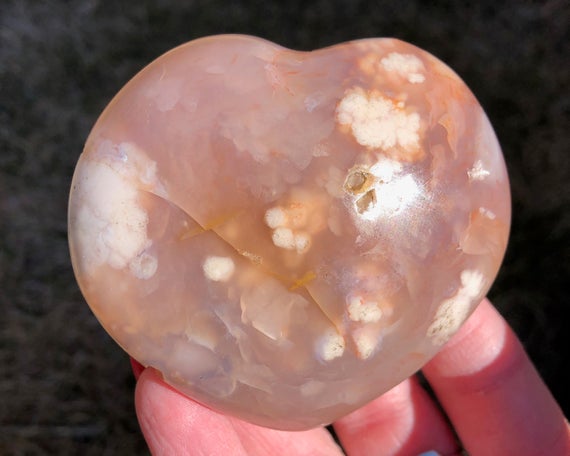 2.9" Flower Agate Heart   Pink White Plume Stone Agate Eye Gemstone Crystal Heart #1