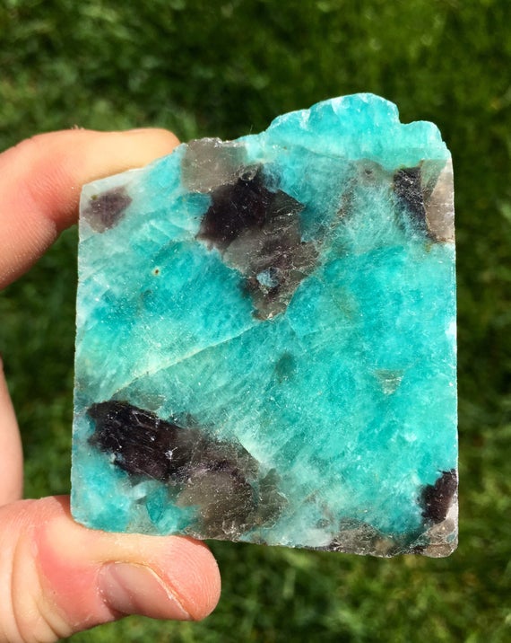 Amazonite Slab - Lepidolite & Smoky Quartz Inclusions - Front Polished Amazonite Plate - Blue Green Healing Crystal Slab - Amazonite