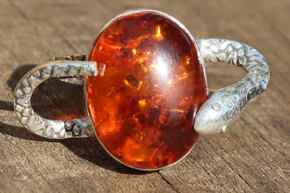 Baltic Amber, 925 Silver Snake, Healing Stone Ring, Size 7 With Positive Healing Energy!