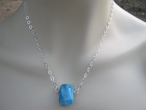 18" Faceted Apatite Crystal Necklace, Polished Blue Crystal Pendant,  .925 Sterling Silver Bar Necklace, Minimalist, Choose Length, An12