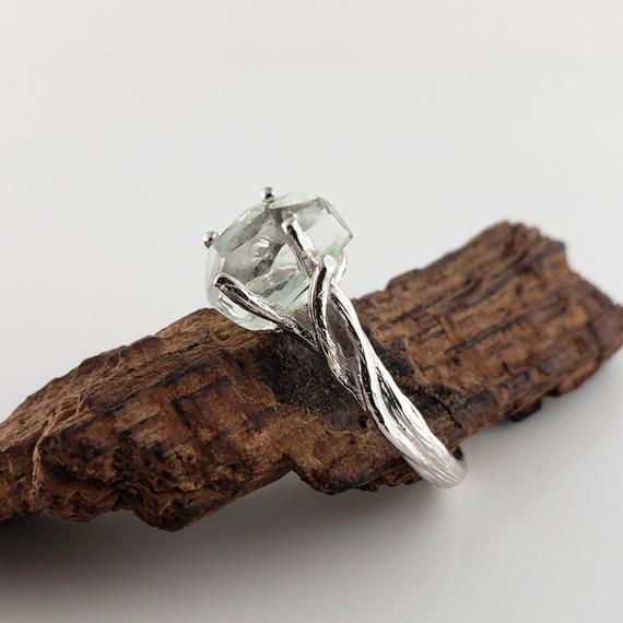 Aquamarine Raw Stone Twig Engagement Ring- Solid White Gold Aquamarine Birthstone Ring By Dv Jewelry Designs