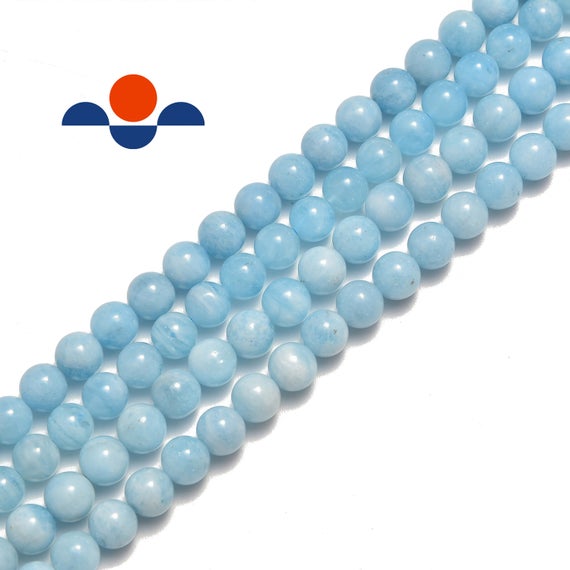 Natural Blue Aquamarine Smooth Round Beads 6mm 8mm 10mm 15.5" Strand