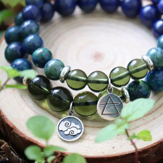 Inner Awareness Moldavite. Concentration Azurite. Intuition Lapis Lazuli. Genuine Natural Gemstone Bracelet.