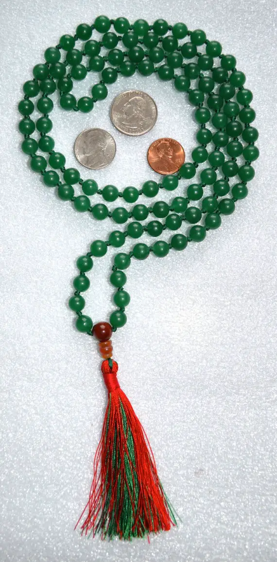 Green Aventurine Hand Knotted Earthly Mala Beads Necklace - Blessed Karma Nirvana Meditation 8mm 108 Prayer Beads For Awakening Kundalini