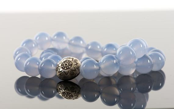 Blue Chalcedony Bracelet, 10mm Genuine Chalcedony Gemstones, Stretch Statement Beaded Bracelet - Handmade Jewelry