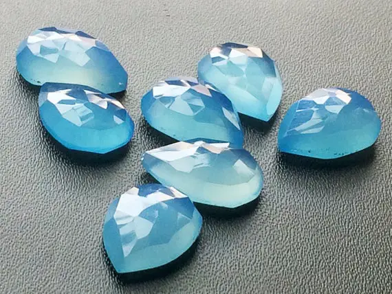 10x14mm Blue Chalcedony Faceted Pear Cabochons, Blue Rose Cut Flat Back Cabochons, Pear Blue Chalcedony For Jewelry (6pcs To 12pcs Options)