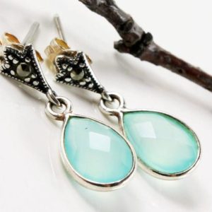 Shop Blue Chalcedony Jewelry! Blue Chalcedony Sterling Silver Earrings natural aqua blue gemstone dainty dangle drops studs small everyday elegant minimalist gift her | Natural genuine Blue Chalcedony jewelry. Buy crystal jewelry, handmade handcrafted artisan jewelry for women.  Unique handmade gift ideas. #jewelry #beadedjewelry #beadedjewelry #gift #shopping #handmadejewelry #fashion #style #product #jewelry #affiliate #ad
