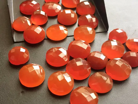 11-14mm Carnelian Orange Chalcedony Checker Cut Cabochons, Orange Flat Back Round Faceted Cabochon For Jewelry (5pcs To 10pcs Options)