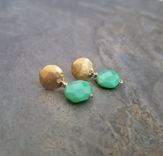 Chrysoprase Nugget Earrings, Vivid Green Gemstone Drop, Button Studs With Dangle, Genuine Semi Precious Stone, Faceted Oval Shaped Gem