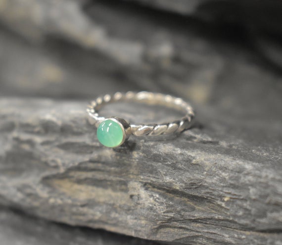 Dainty Chrysoprase Ring, Natural Chrysoprase Ring, Green Gem Ring, Stackable Silver Ring, Vintage Ring, Twisted Band, Bands By Adina