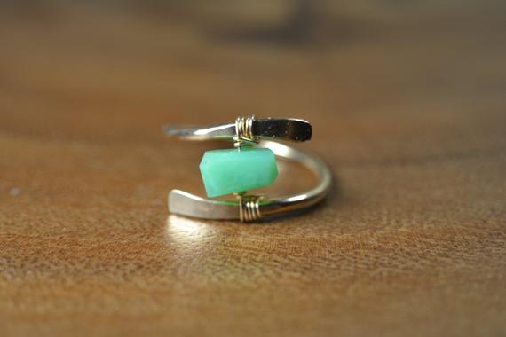 Raw Chrysoprase Ring In Sterling Silver, 14k Gold // Wire Wrapped Gemstone Ring // Healing Crystal // Boho Green Chrysoprase // Crystal Ring