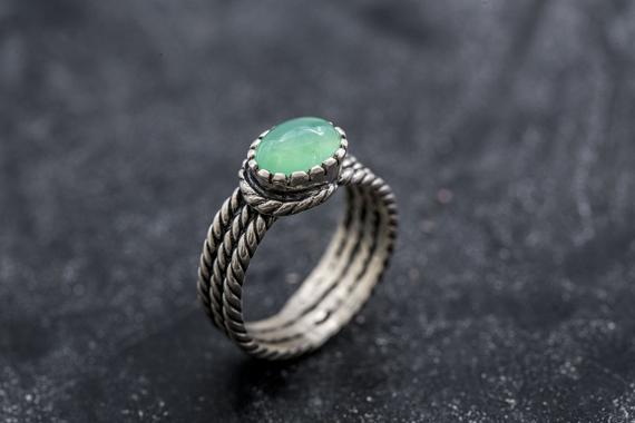 Silver Rope Ring, Chrysoprase Ring, Natural Chrysoprase, May Birthstone, Thick Silver Ring, Vintage Rings, Solid Silver Ring, Chrysoprase