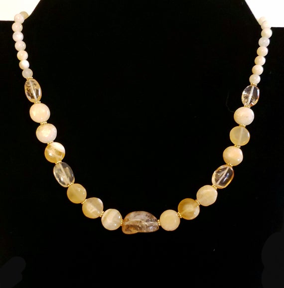 Citrine & Yellow Calcite Beaded Gemstone Necklace In Nuggets, Coins, Ovals, Gold Plated Heishi Beads And Ez Floral Toggle "citrine Sunshine"