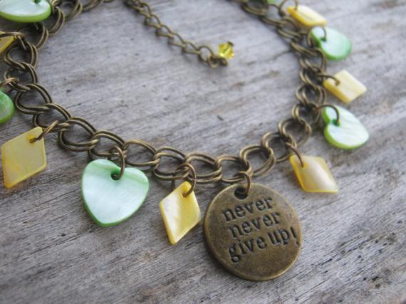 Inspirational Charm Bracelet, Never Give Up, Mother Of Pearl Shell Bracelet, Courage Bracelet, Bronze, Boho, Green Hearts, Yellow Diamonds