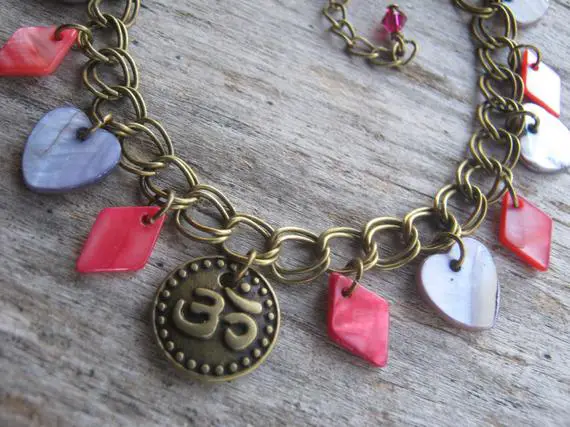 Om Shell Bracelet, Mother Of Pearl Shell Bracelet, Buddhist Bracelet, Bronze, Boho, Purple Hearts, Magenta Red Diamonds, Yoga Jewelry
