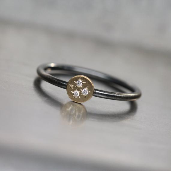 Cute 3 Starburst Diamond 14k Yellow Gold Silver Ring Cosmic Sparkle Oxidized Band Delicate Tiny Brilliant Gemstone Stacking Gift - Dreistern