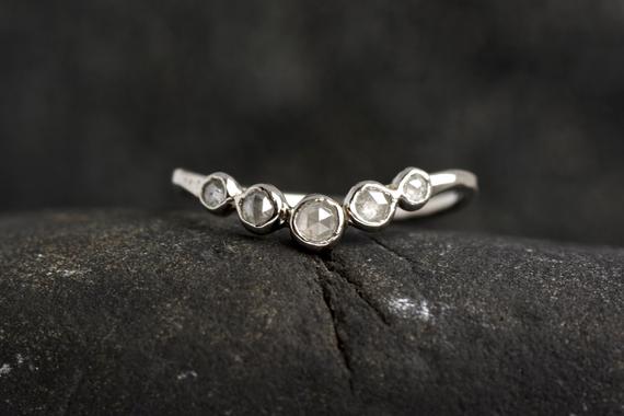 White Diamond Wave Ring. Unique Alternative Rustic Organic Round Cut White Diamond Bubble Pebble Wedding Chevron Wave Nesting Band Ring