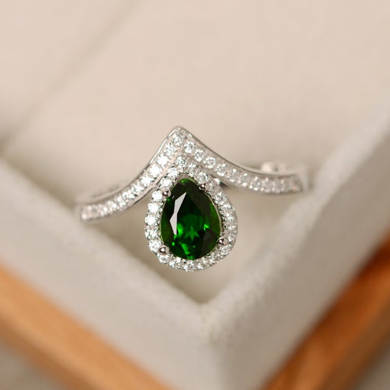 Diopside Ring, Pear Cut, Halo Engagement Ring For Women, Sterling Sivler