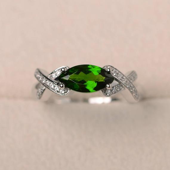 Promise Ring, Natural Diopside Ring, Marquise Cut Green Gemstone, Sterling Silver Ring
