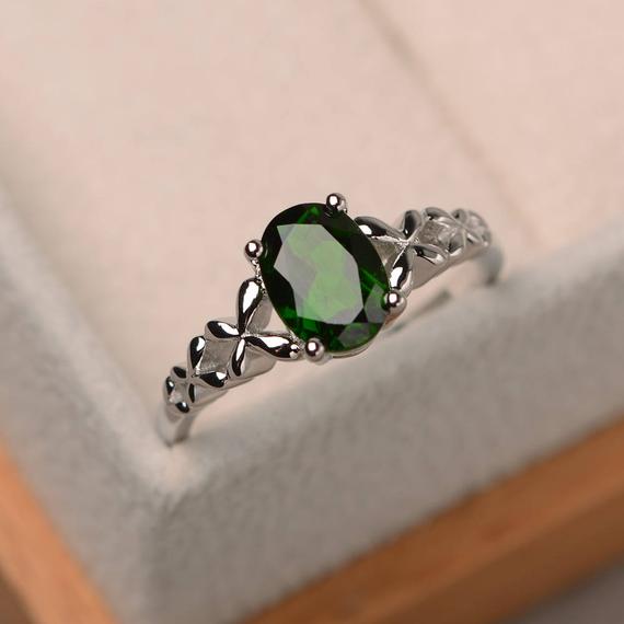 Promise Ring, Natural Diopside Ring, Solitaire Ring, Oval Cut Green Gemstone, Sterling Silver Ring