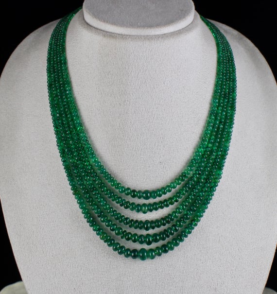 Gtl Certified Natural Zambian Emerald Round Beads 5 Line 338 Carats Gemstone Necklace With Silver Hook
