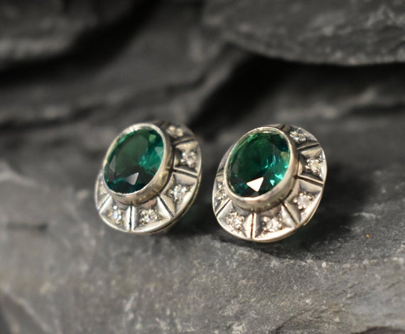 Emerald Earrings, Created Emerald, Victorian Earrings, Vintage Earrings, Green Diamond Studs, Silver Tribal Studs, Solid Sterling Silver