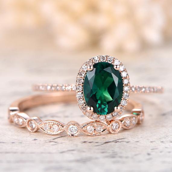 6x8mm Oval Emerald Ring Set Milgrain Wedding Band Bridal Wedding Ring Set 14k Rose Gold Emerald Engagement Ring Set,diamond Halo,milgrain