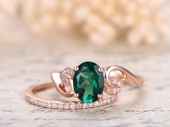 Emerald Engagement Ring Set Oval Cut Emerald Ring Set And Diamond Wedding Band Bridal Wedding Ring Set 14k Rose Gold