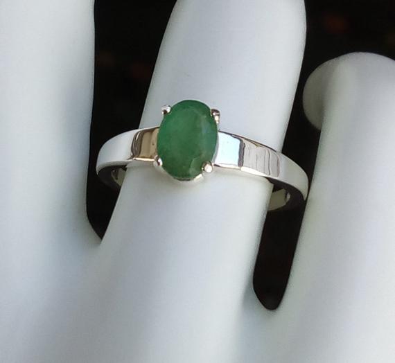 Natural Emerald Ring Oval Solitaire Sterling Silver Ring Size 7 Promise Engagement Ring Jewelry Gift
