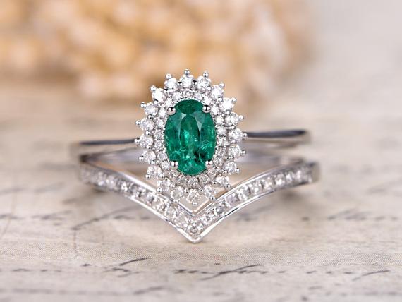 Solid 14k White Gold Natural Emerald Engagement Ring Set 0.85ct Oval Emerald Ring May Birthstone,2pcs Wedding Rings,curved V Diamond Band