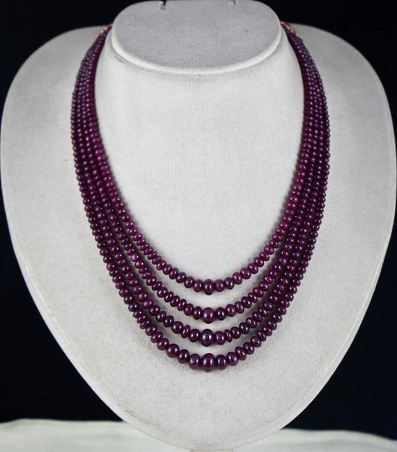 Fine Red 4 Line 399 Cts Natural Untreated Ruby Round Beads Gemstone Necklace
