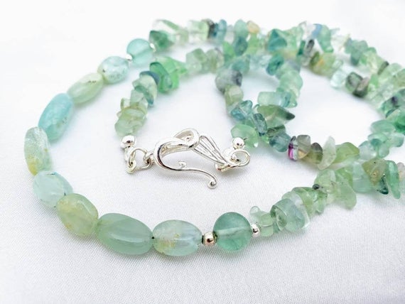 Boho Gypsy Aquamarine & Fluorite Necklace. Seaglass, Aqua, Blue-green Crystal Gemstone Jewelry. Long, Great For Layering. March Birthstone