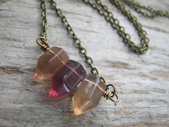 Fluorite Point Necklace, Multi Colored Fluorite Jewelry, Antiqued Bronze Or Copper Jewelry, Triplets, Bar Necklace, Bullet Necklace, Mfb04