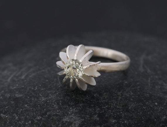 Green Amethyst Engagement Ring In Silver, Sea Urchin Ring Gift For Her