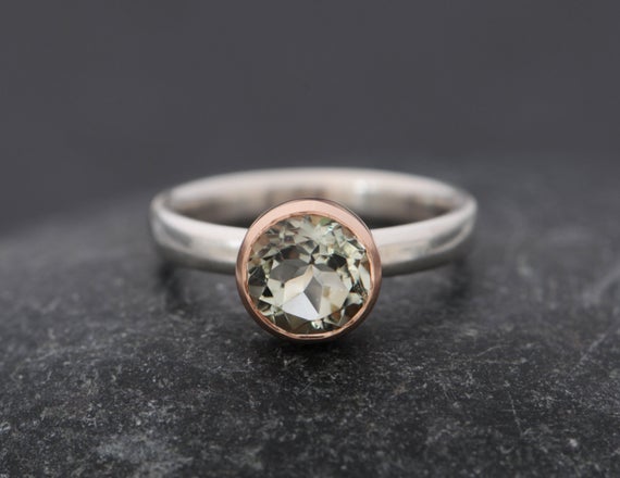 Green Amethyst Engagement Ring In Rose Gold And Silver, Gift For Her