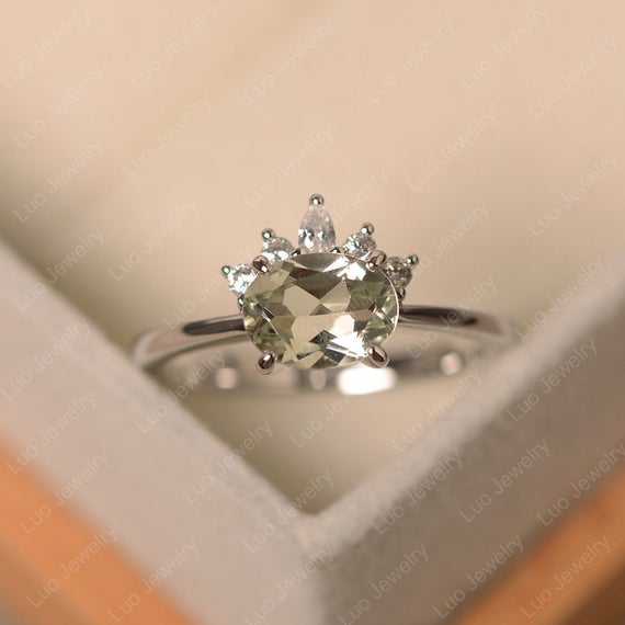 Green Amethyst Ring, Half Halo Ring, Sterling Silver, Oval Cut Gemstone, Anniversary Ring