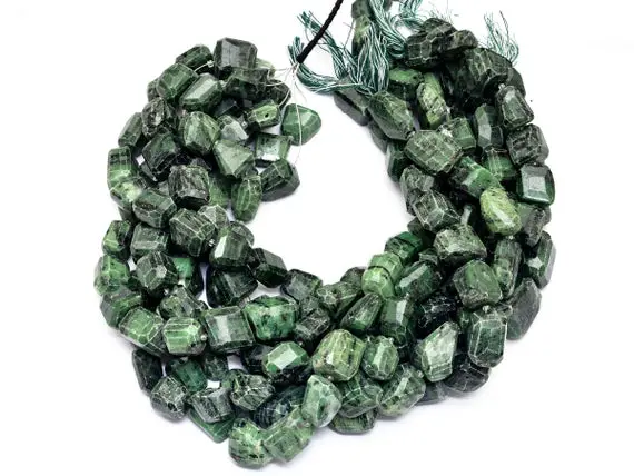 Green Zoisite 16mm-18mm Faceted Nugget Beads | Zoisite Gemstone Step Cut Tumbled | Natural Semi Precious Beads For Jewelry | 15inch Strand