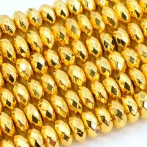 Shop Hematite Faceted Beads! Shiny Gold Tone Hematite Loose Beads Faceted Rondelle Shape 5-6x3mm 8x3mm 10x3mm | Natural genuine faceted Hematite beads for beading and jewelry making.  #jewelry #beads #beadedjewelry #diyjewelry #jewelrymaking #beadstore #beading #affiliate #ad