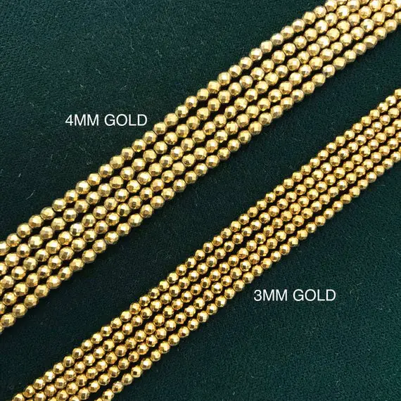 Sale Natural Faceted Hematite Round Gold 3mm/4mm, Gemstone Beads, Power Hematite, Yoga Beads, Faceted Gold Beads, Gifts.