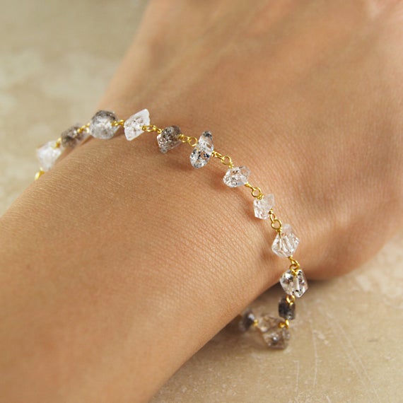 Gold Bracelet, Birthstone Diamond Bracelet, Embers Jewellery, Herkimer Diamond, Nugget Bracelet, Gifts For Girlfriend, Delicate Bracelet