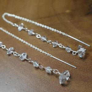 Herkimer Diamond Long Ear Threader Earrings // Everyday Earrings // Sterling Silver, Gold Fill // April Birthstone // Bridal // Anniversary | Natural genuine Gemstone earrings. Buy handcrafted artisan wedding jewelry.  Unique handmade bridal jewelry gift ideas. #jewelry #beadedearrings #gift #crystaljewelry #shopping #handmadejewelry #wedding #bridal #earrings #affiliate #ad