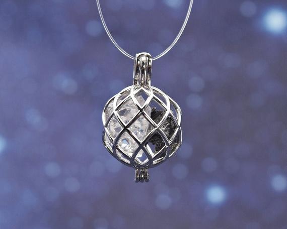 Sikhote-alin Meteorite | Clear Herkimer Diamond Quartz | Sterling Silver Spherical Enclosure Pendant