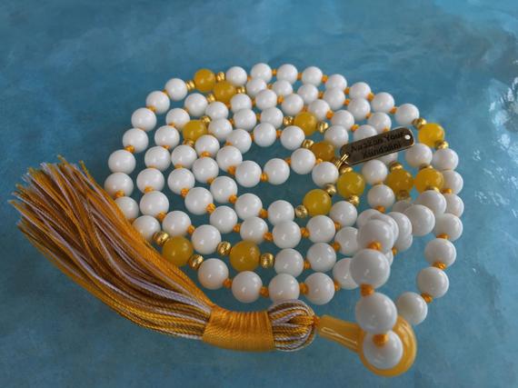 108 White And Yellow Jade Mala Bead Necklace - Prayer Bead Necklace - Knotted Mala Yoga Necklace - Chakra 108 Mala Wrap Bracelet Necklace